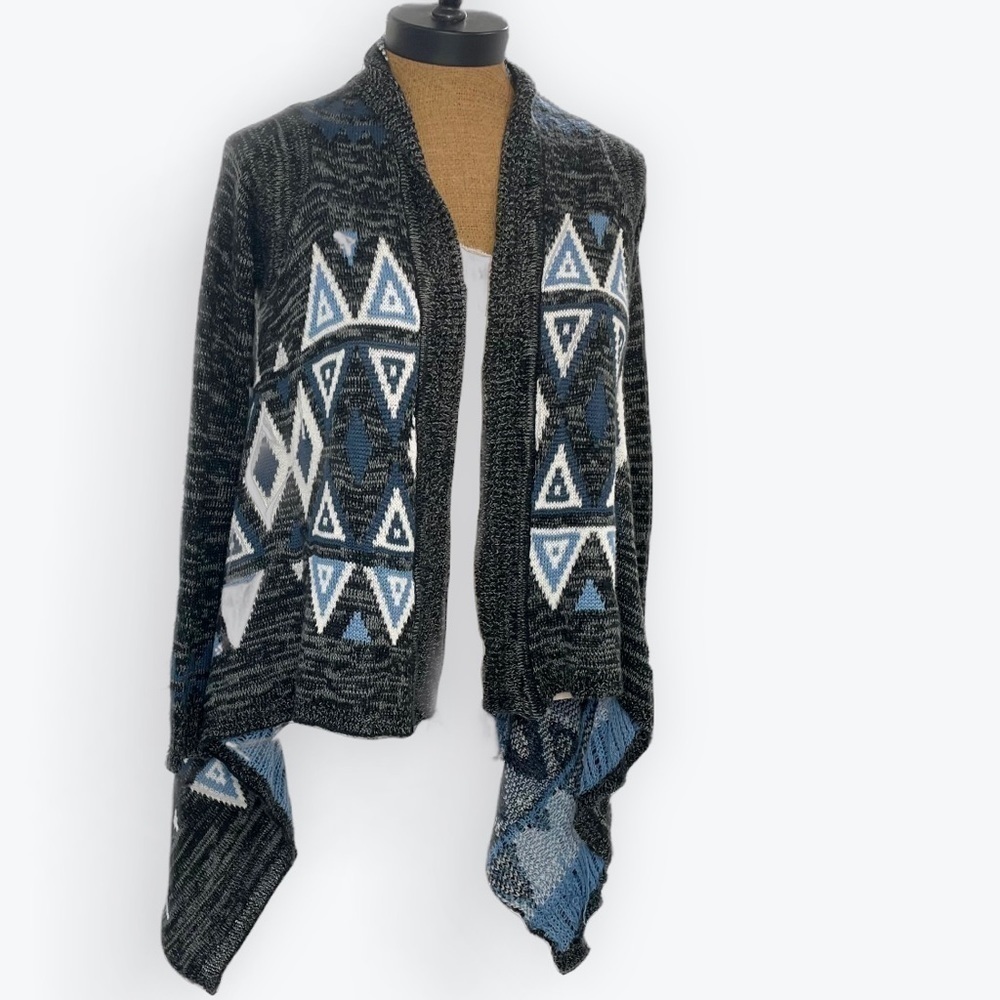 Eyeshadow Aztec Navajo open front asymmetric long sleeve cardigan gray blue XS  